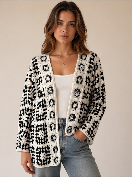 Sweaters - S14. Black & White Crochet Open Cardigan Sweater